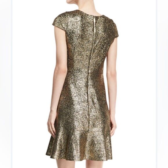 Michael Kors Gold Foil Cap Sleeve Flounce Cocktail Dress, Size M, NWT - Picture 5 of 12